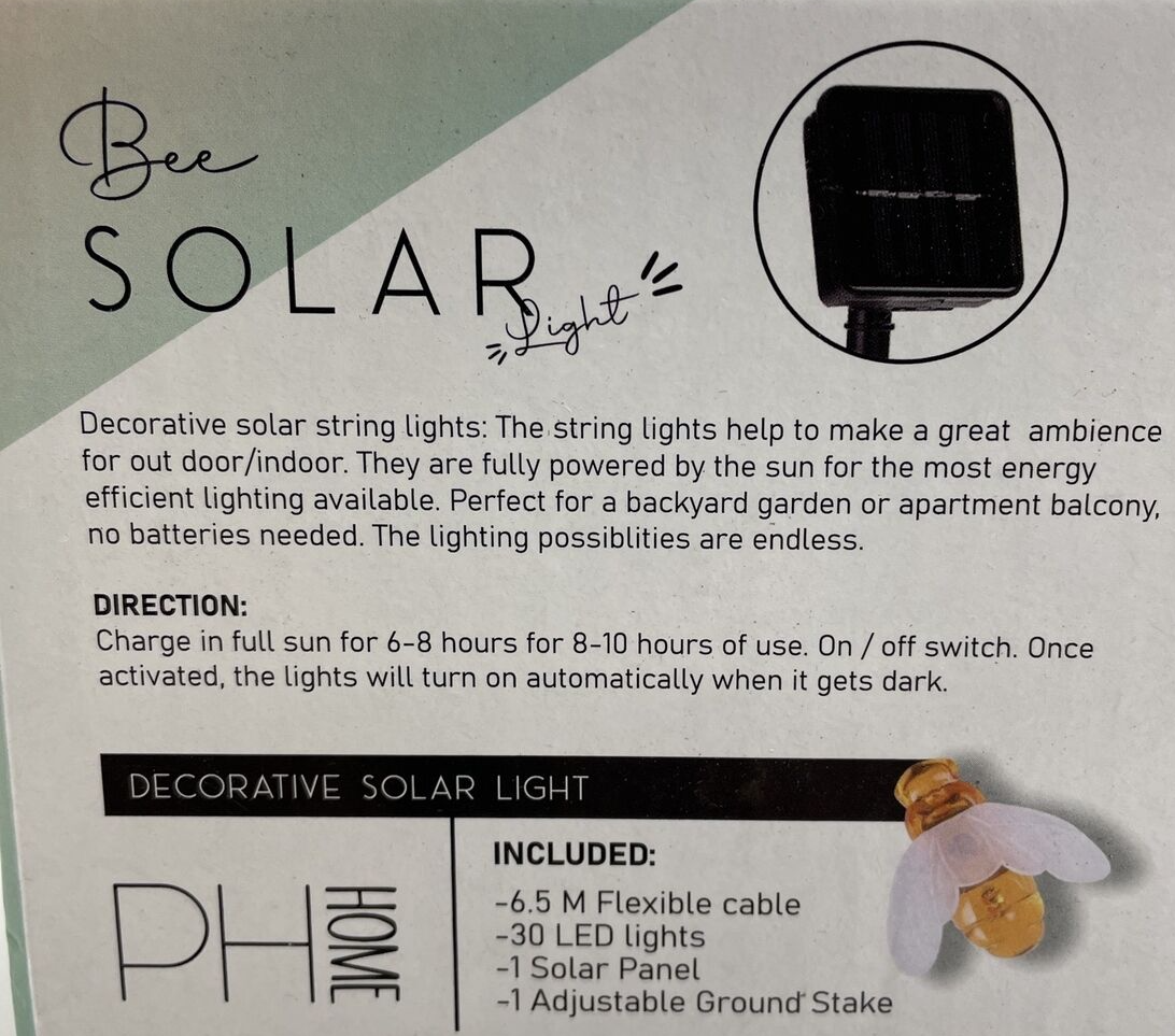 2 x 30 LED Solar Powered Bee String Lights Outdoor Yard Garden Decor Waterproof