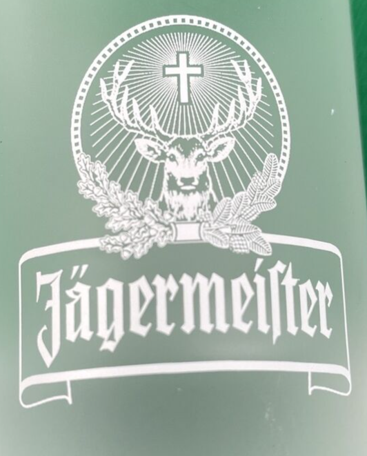 Rare vintage Jägermeister frosted 2cl shot glass with RA M11 0113 marking.