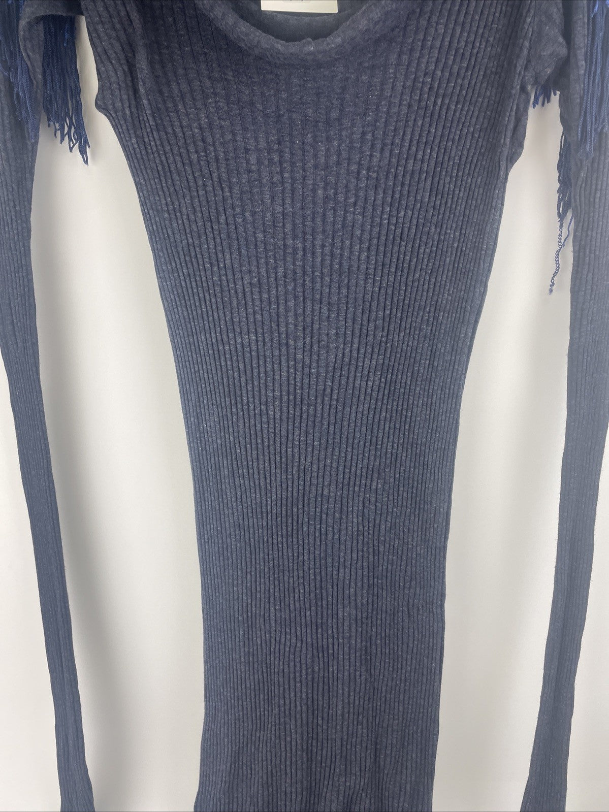 Brian Lichtenberg Y2K Designer Ribbed Knit Maxi Dress w Fringe Shoulder Accents