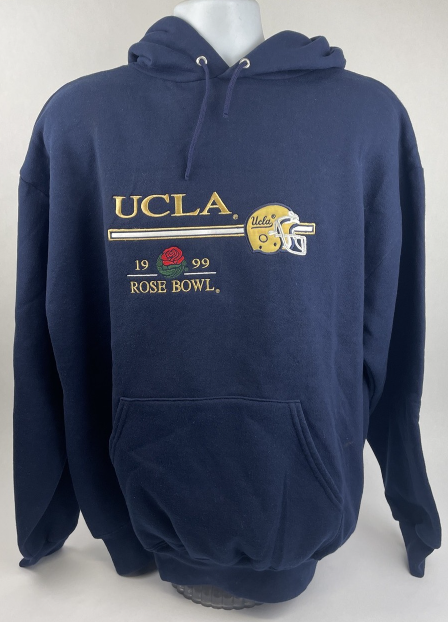 Vintage 90s UCLA Rose Bowl 1999 Heavy Hooded Pullover Sweater Mens XL Navy Blue