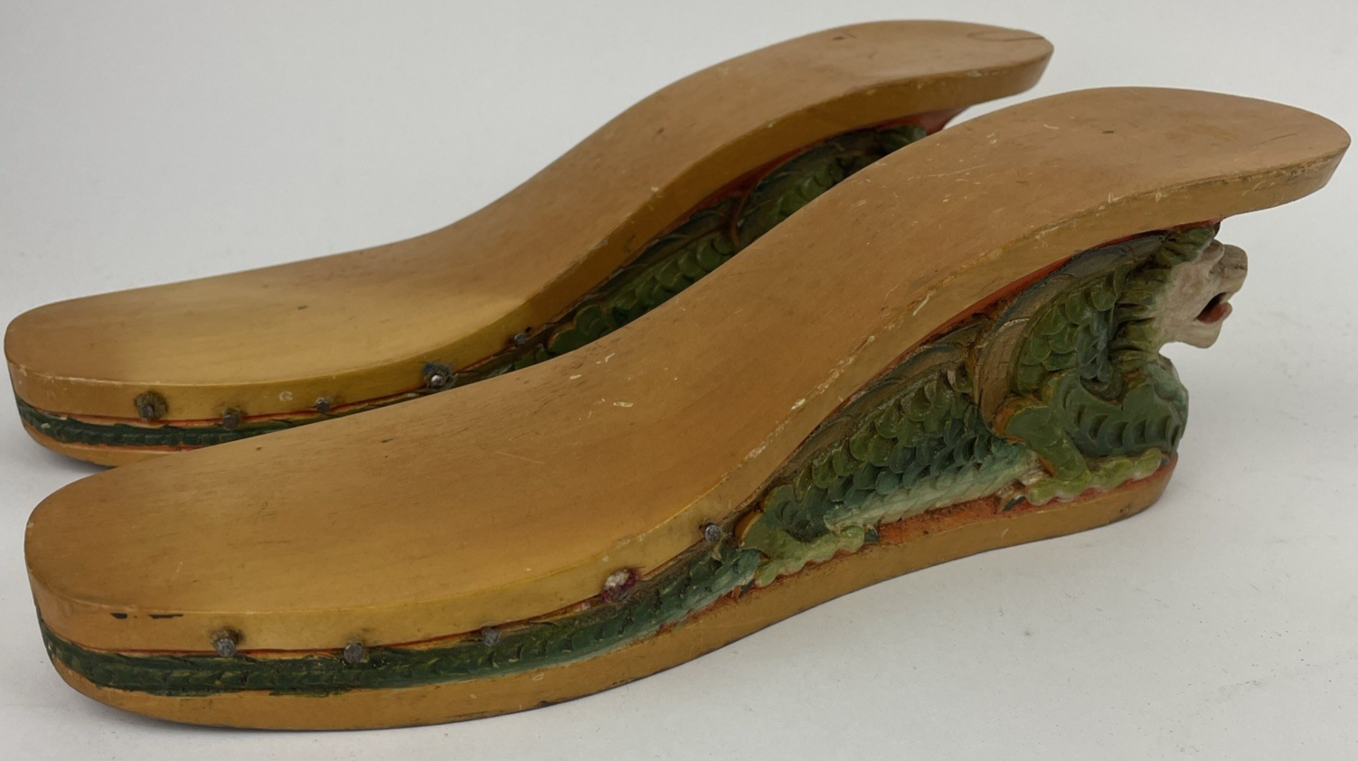 Vintage 20th Century Philippines Souvenir  Wooden Sandal w Dragon Carving Heel