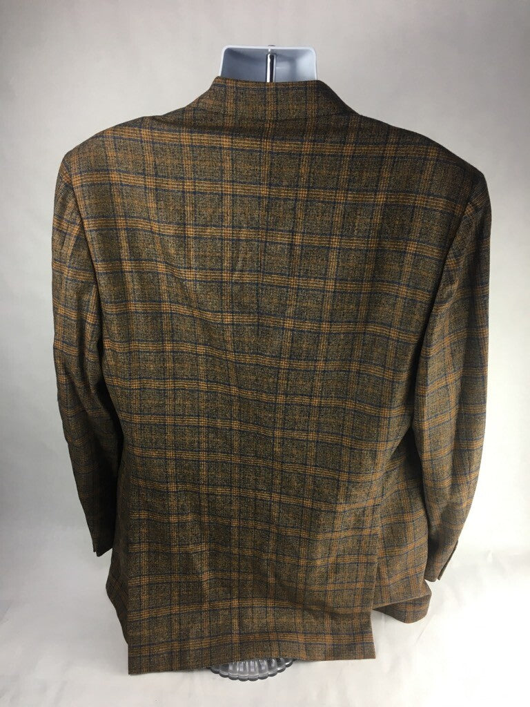 Faconnable Mens Suit Jacket Brown Plaid Lined Notch Lapel Pockets Virgin Wool 54