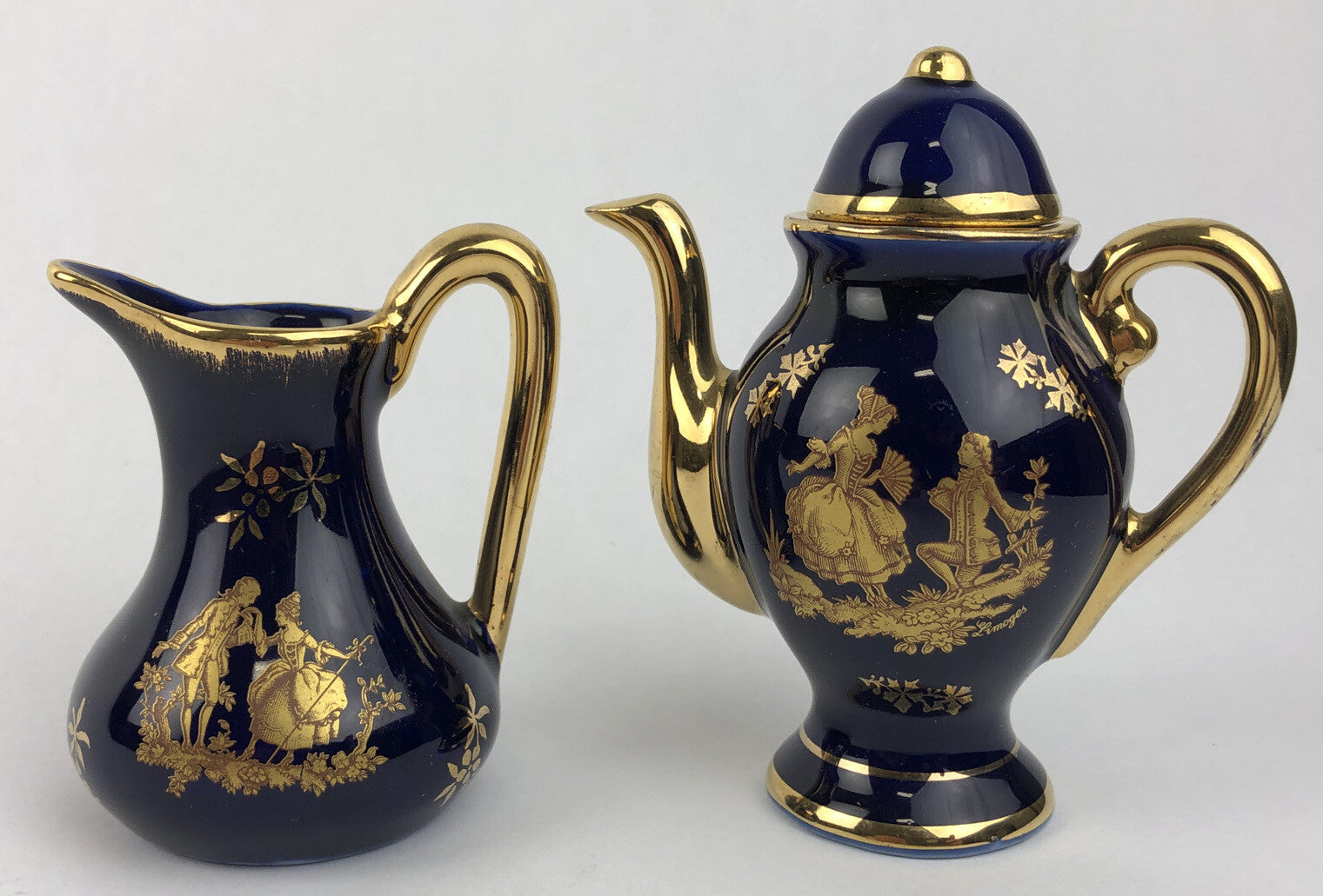 2 x Limoges Cobalt Blue Gold Courting Couple Fragonard Signed Mini Pot 3.5" LOOK