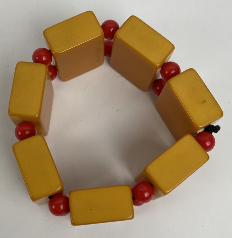 Vintage Bakelite MahJong Tile Bracelet Butterscotch w Red Moonglow Beads OSFA