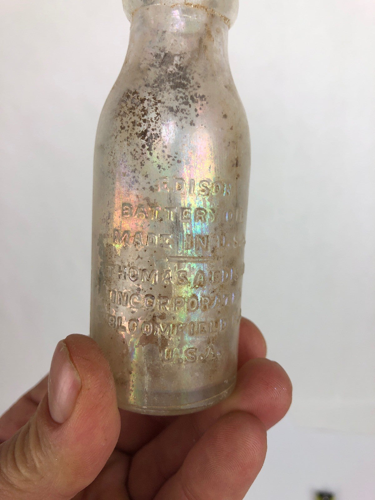 Rare Vintage Thomas Edison Battery Oil Clear Glass Bottle 4 1/8" Fast Free Ship