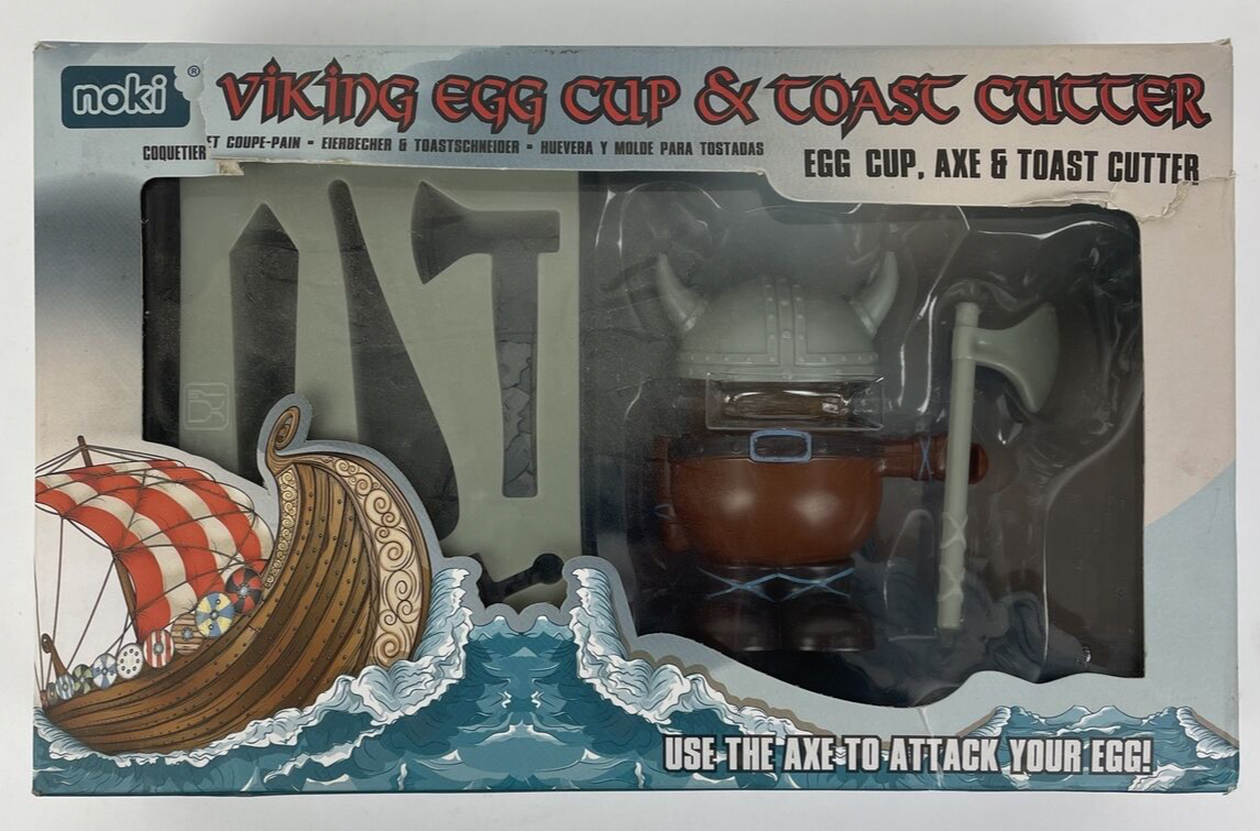 noki " VIKING RAGNAR " EGG CUP & TOAST CUTTER w AXE New In Box - RARE