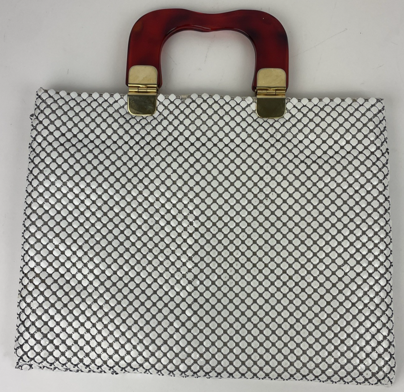 Vintage White Aluminum Metal Mesh Purse W/ Lucite Amber Handles Magnetic Closure