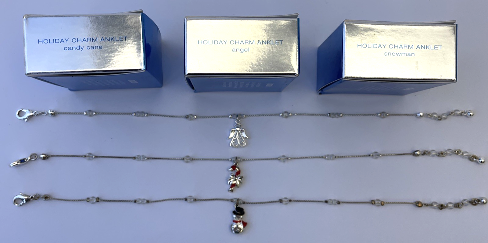 Lot of 3 x Vintage Avon Holiday Charm Anklet 9.5" Snowman / Angel / Candy Cane