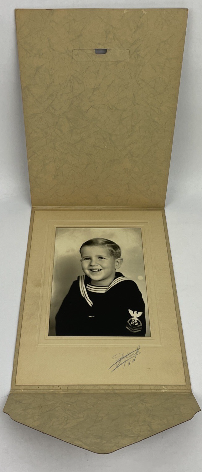 Vintage Antique Portrait Photo Little Sailor Boy 6.5" x 4.5" In Frame Card B&W