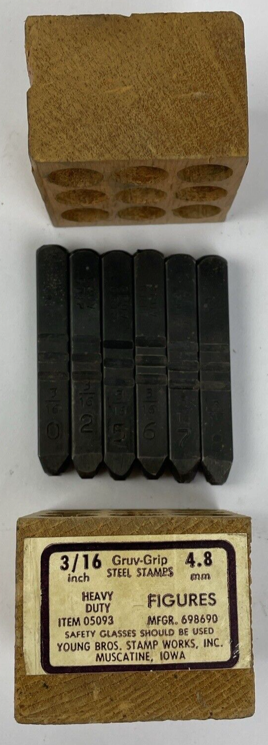 6 Vintage Gruv Grip 3/16" Steel Stamp Numbers Set Wood Box USA Made 0 2 5 6 7 8