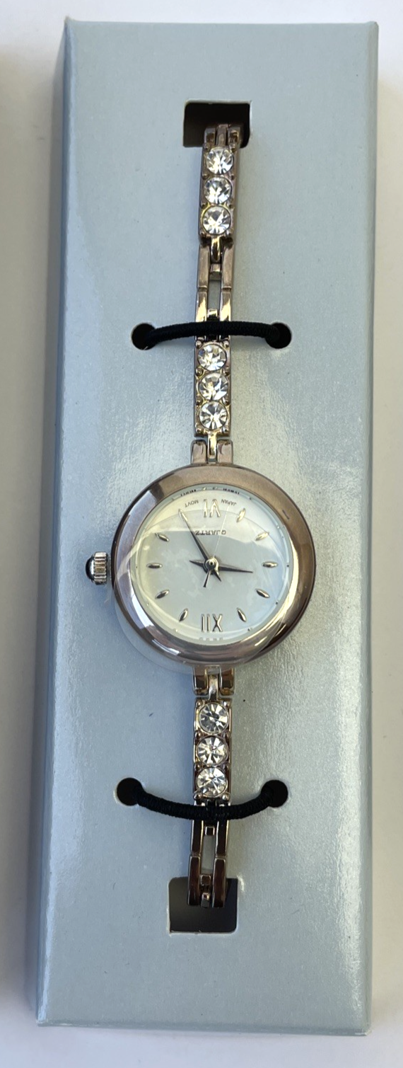 Avon Sparkle Tennis Bracelet Wristwatch Rhinestone / FSC Silvertone Vintage