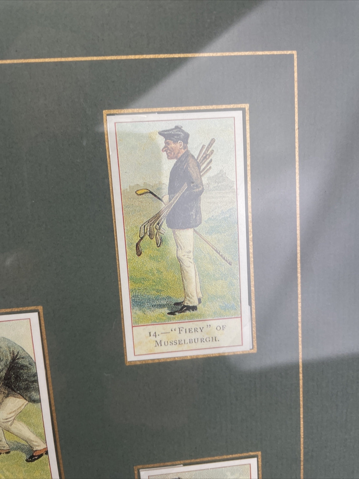 Framed and matted collection of 18 vintage style cigar tobacco golf trading cards with historical information display artwork collectible memorabilia
