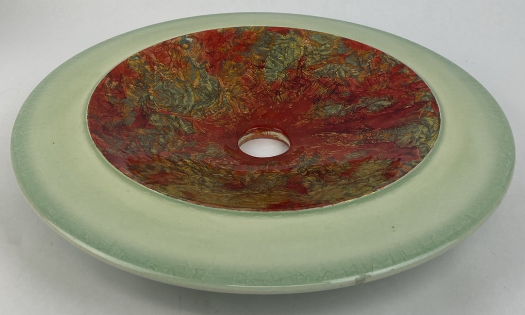 Round Designer Glass Vessel Sink Metallic Red Gold Modern Decor Design OD 14.25"
