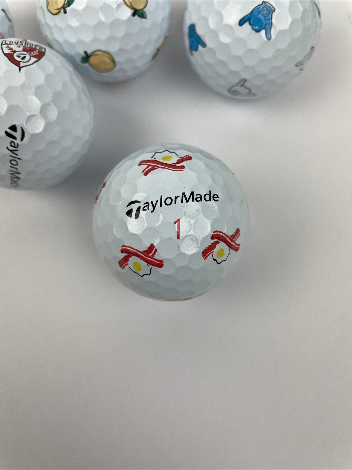 7 Taylormade TP5x Oracle Redbull SHAKA PEACH Bacon And Eggs Palm Shark Golf Ball
