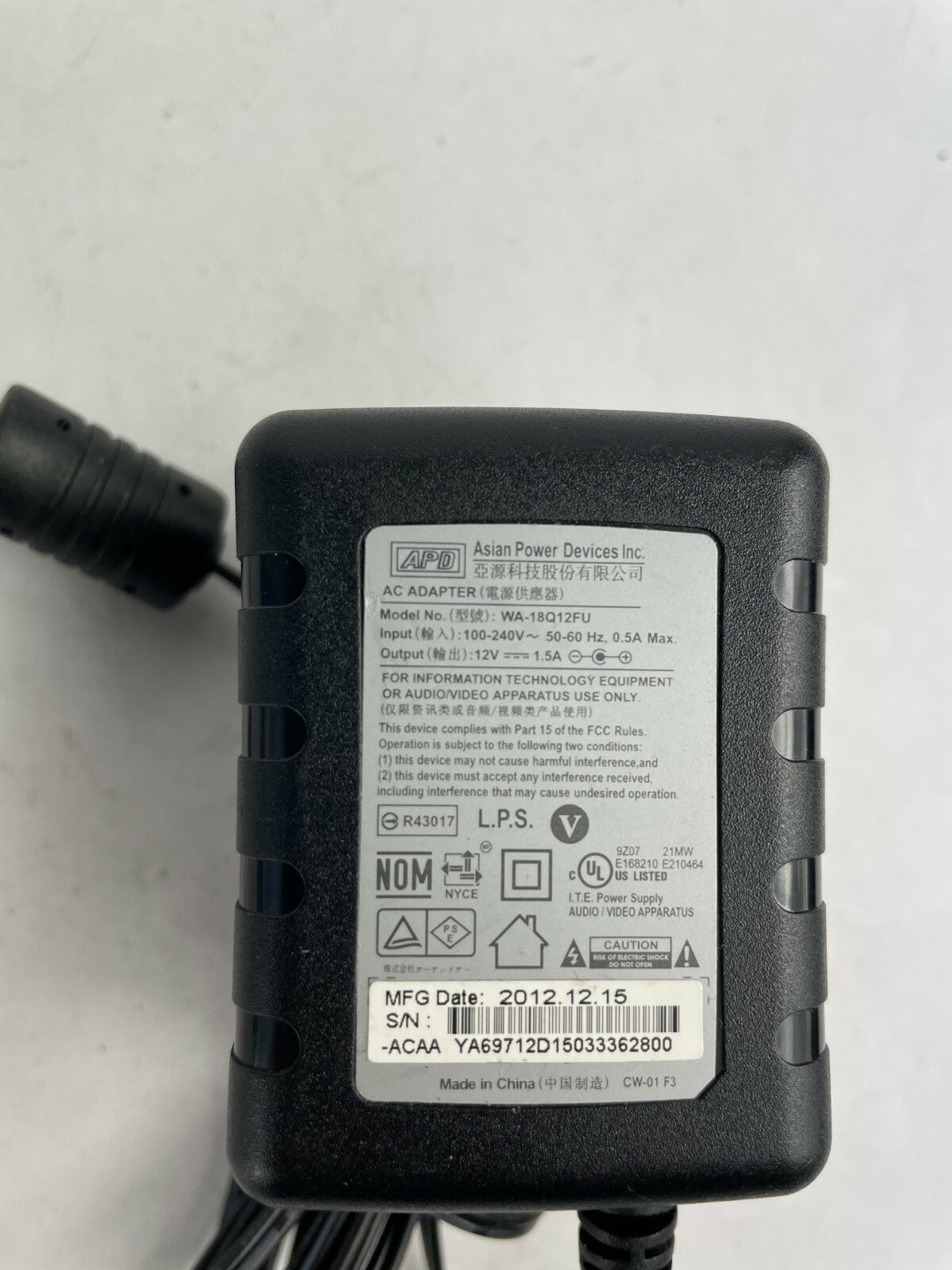Genuine APD Ac Adapter WA-18Q12FU Output 12 V 1.5 A Power Supply Adapter A78