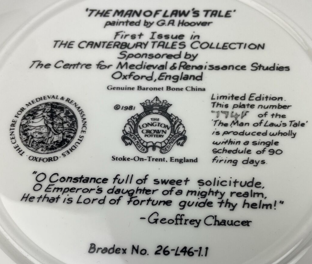 " The Man of Laws Tale " by G. A. Hoover Collector Plate LONGTON CROWN POTTERY