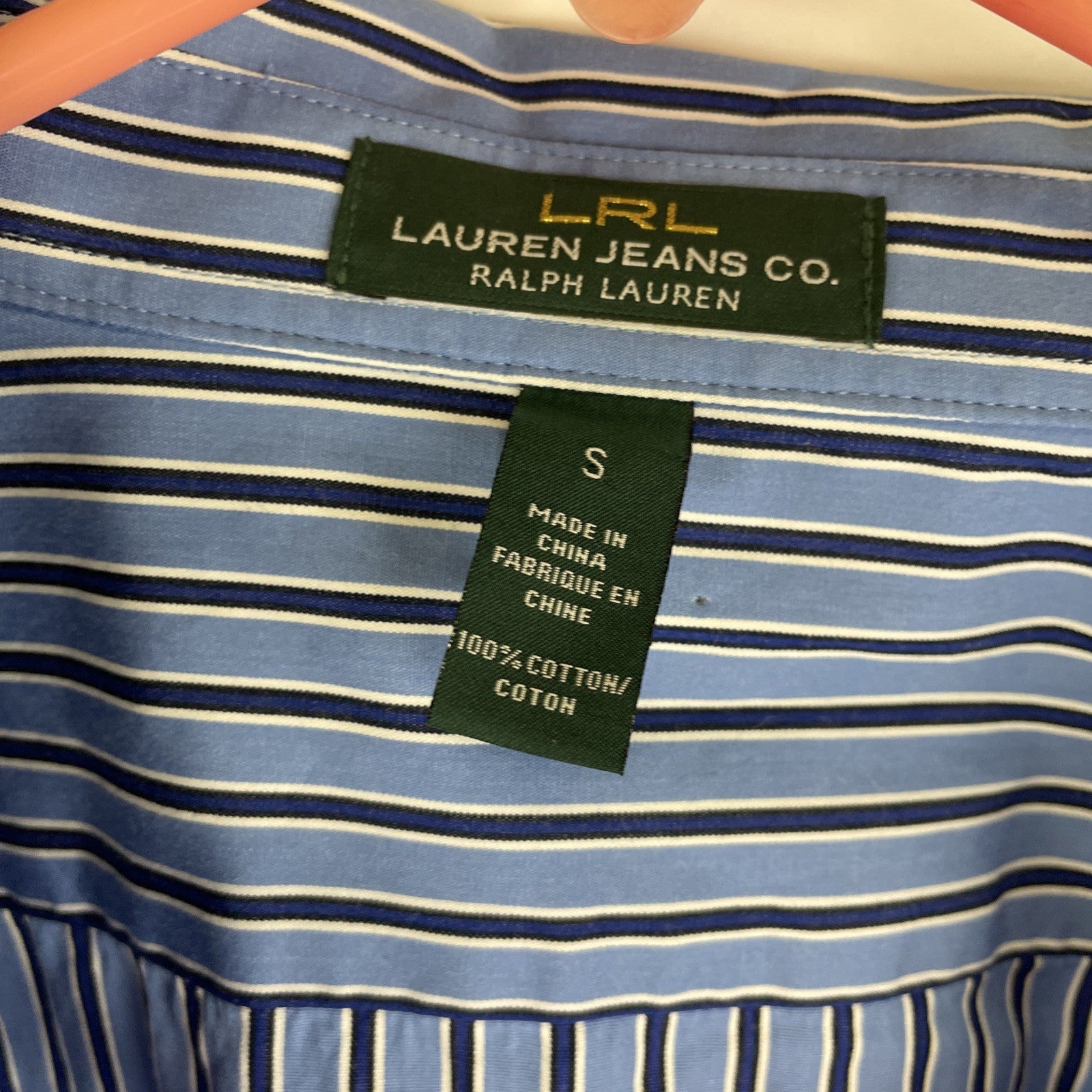 LRL Lauren Jeans Co. Blue w Blue Stripe Button Up Shirt Roll Tab Sleeve Sz Small