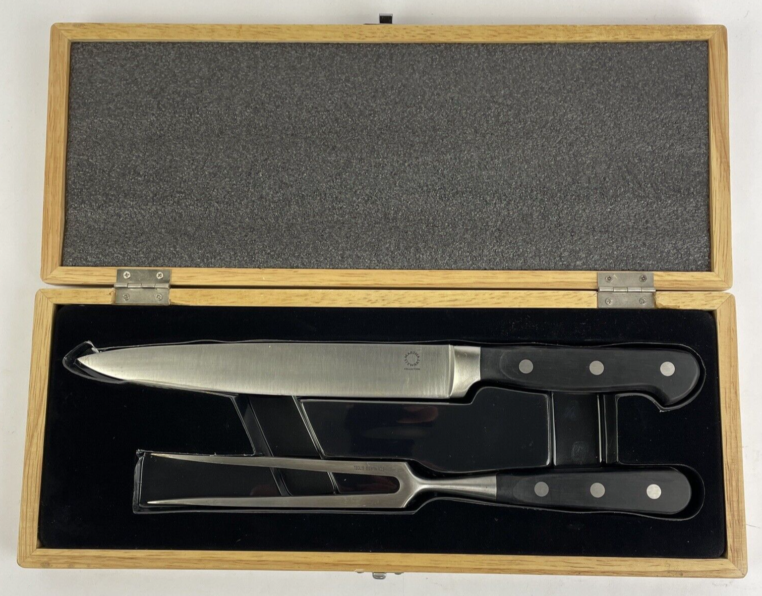 Martha Stewart 2 pc set with 8" Santoku Knife & Carving Fork w Wood Case - LOOK