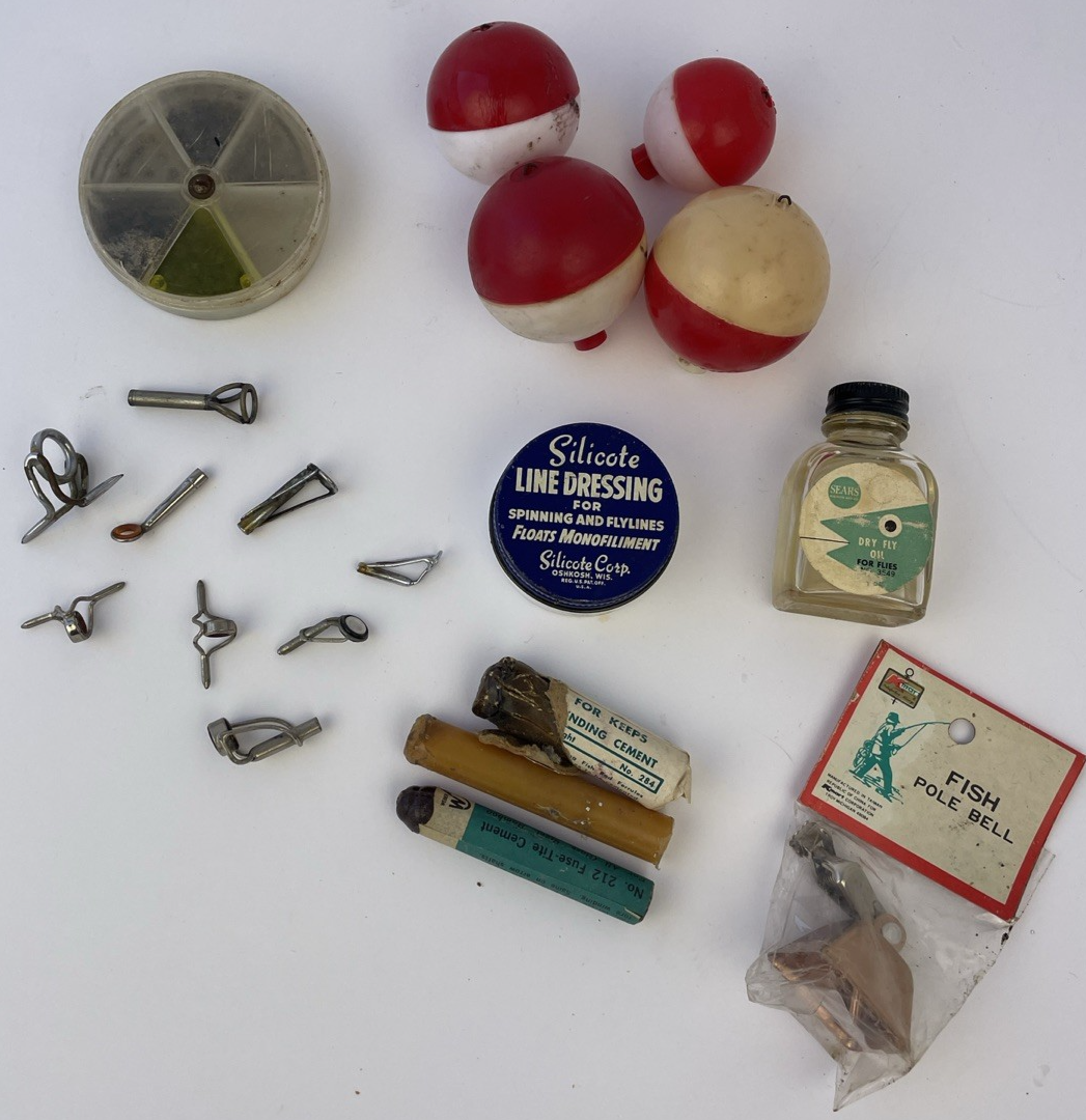 VINTAGE Fishing Lot SEARS Dry Fly Oil Silicote Line Dressing, Guide Glue, Guides