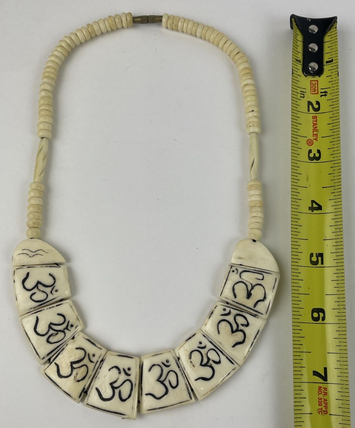 Tibetan Yak Bone Hand Carved Boho Om Necklace Vintage Jewelry Brass Screw Clasp