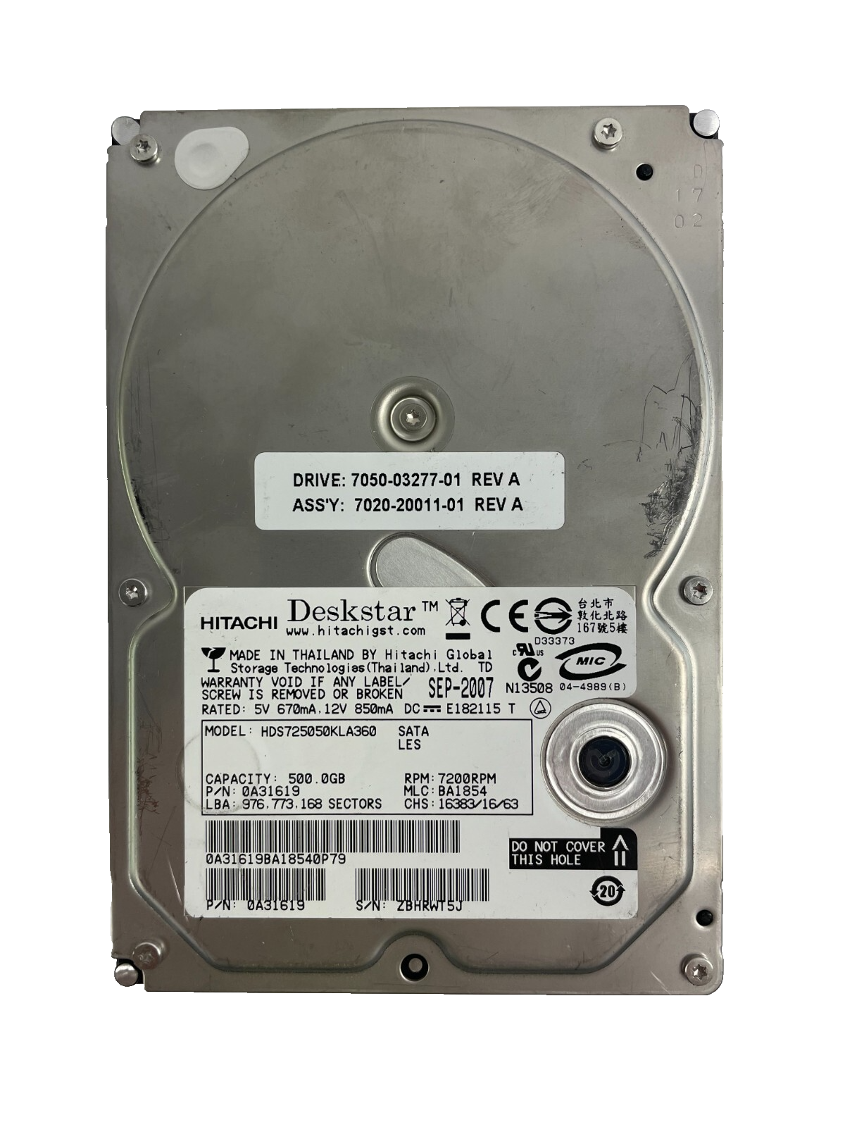 Hitachi Deskstar Model HDS725050KLA360 7200RPM 500GB Internal Drive Cache 16MB