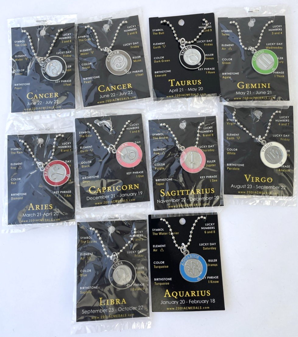 Lot of 10 Zodiac Medals Medallion Necklace 16” Chain - Symbol For Life Bundle