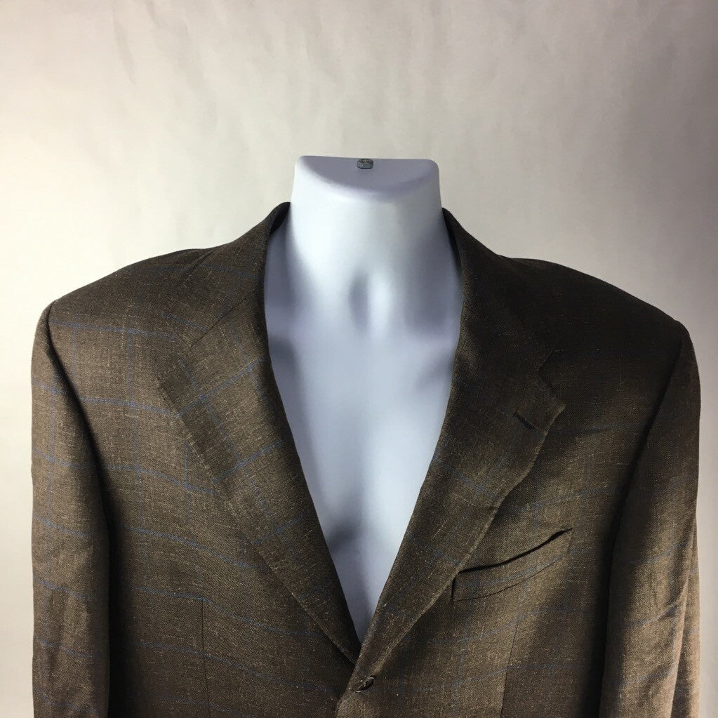 Faconnable Mens Blazer Brown Windowpane Long Sleeves Notch Lapel Lined 54L New