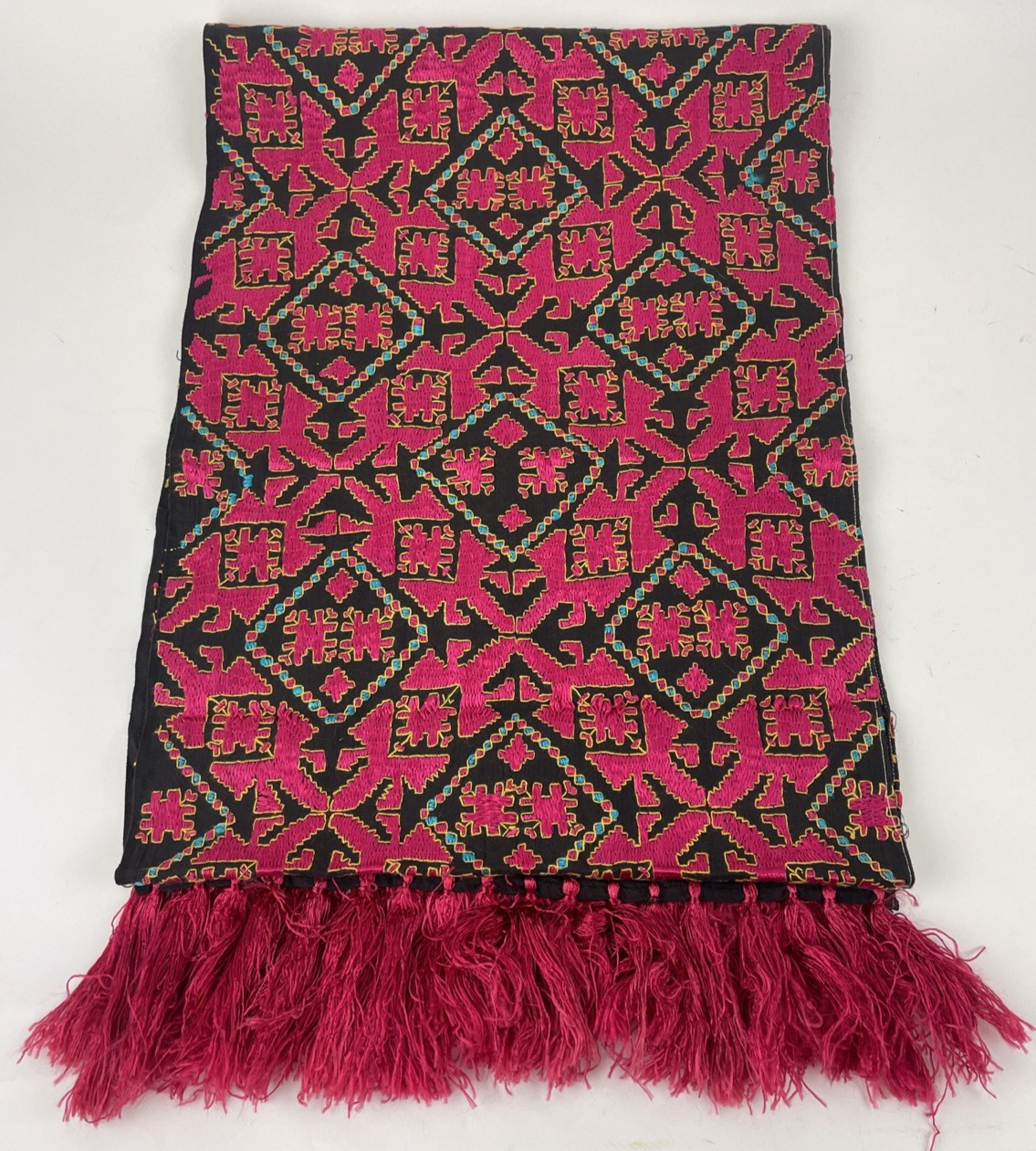 Vintage South Asian Silk Swati Textile Hand Embroidery Magenta Black 76" x 13.5"
