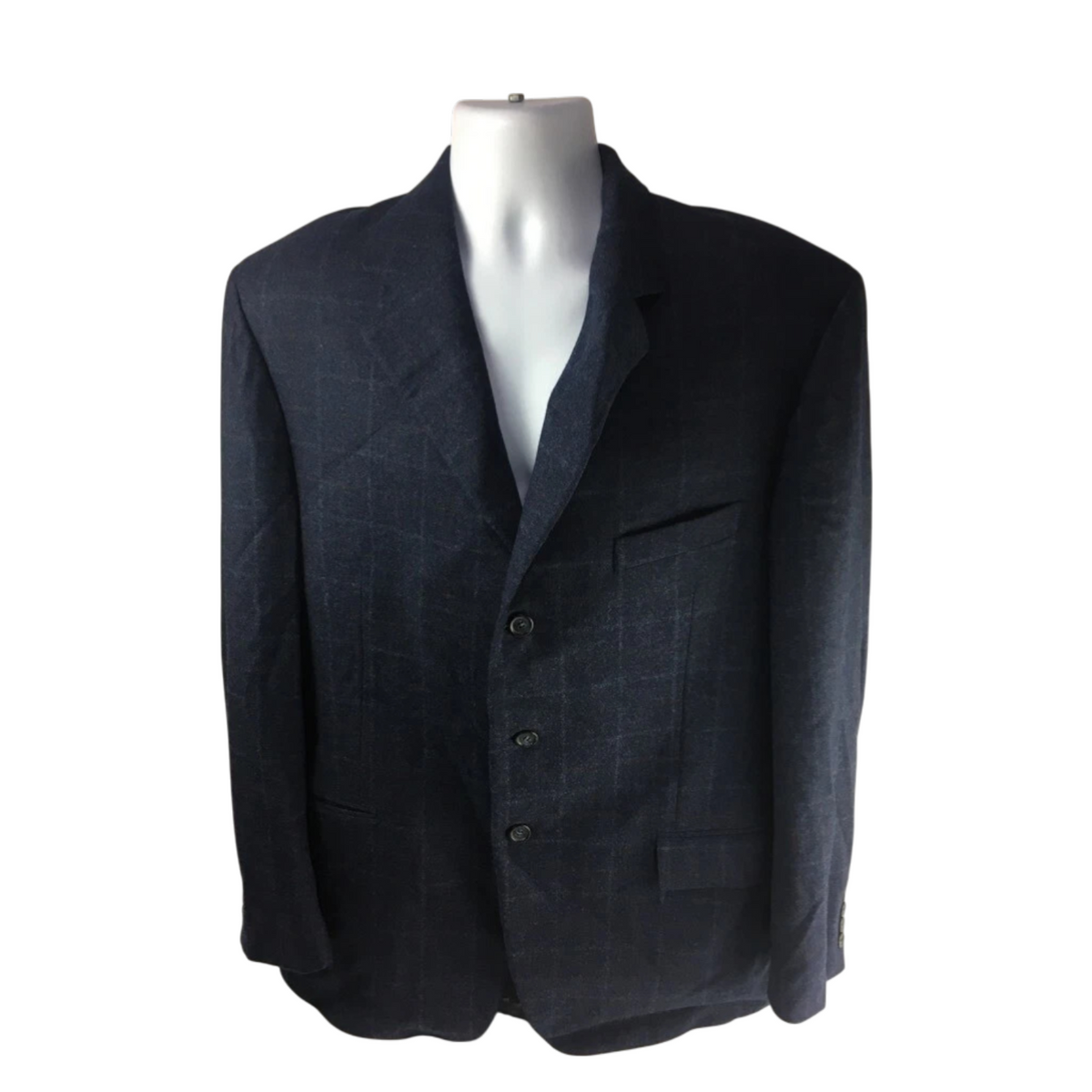 Faconnable Mens Suit Jacket Blue Windowpane Lined Notch Lapel Pockets Wool 44