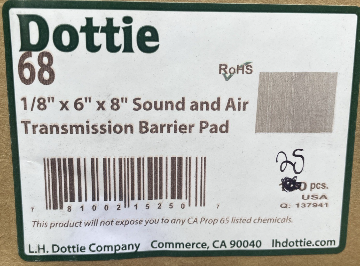 Lot 25 x OEM Dottie #68 Insulpads Insulating Sound Barrier Pads 1/8" x 6" x 8"