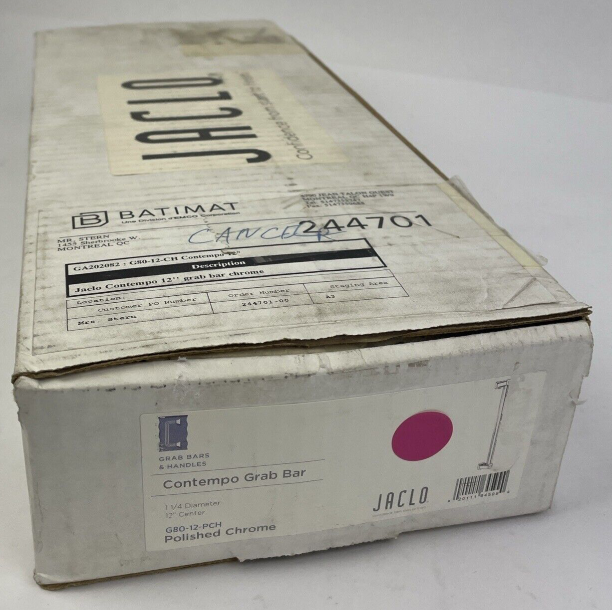 OEM JACLO Grab Bar Polished Chrome Luxury Contempo G80-12-PCH  - NEW