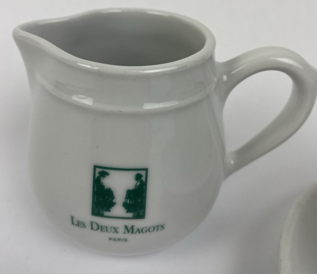 Apilco Les Deux Magots Paris France porcelain espresso cup saucer and cream pitcher set