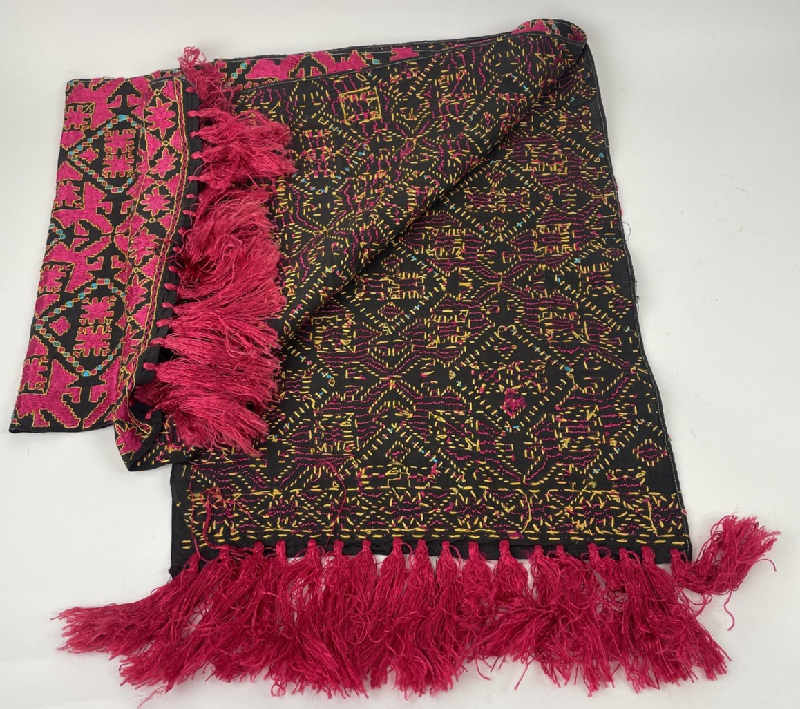 Vintage South Asian Silk Swati Textile Hand Embroidery Magenta Black 76" x 13.5"