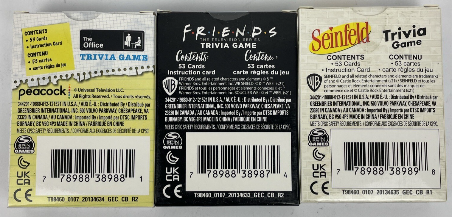 3 Brand New Sealed Trivia Games Friends, The Office, Seinfeld. Spin Master Games