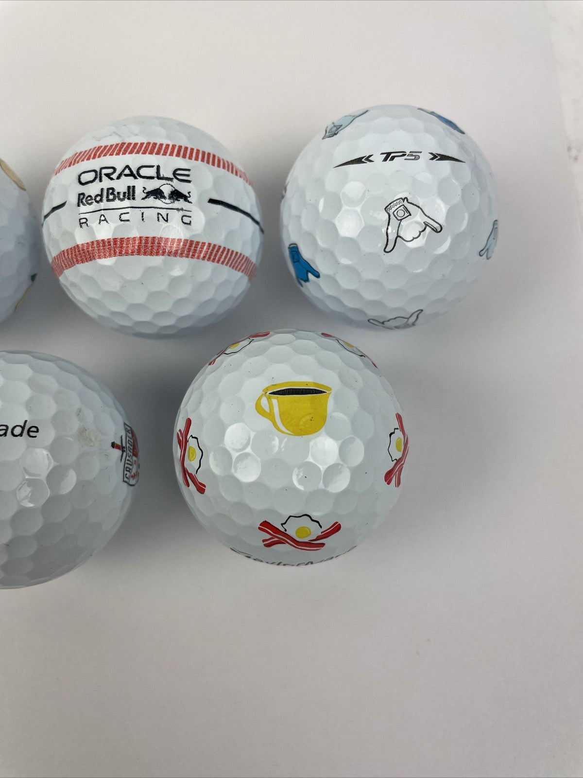 7 Taylormade TP5x Oracle Redbull SHAKA PEACH Bacon And Eggs Palm Shark Golf Ball
