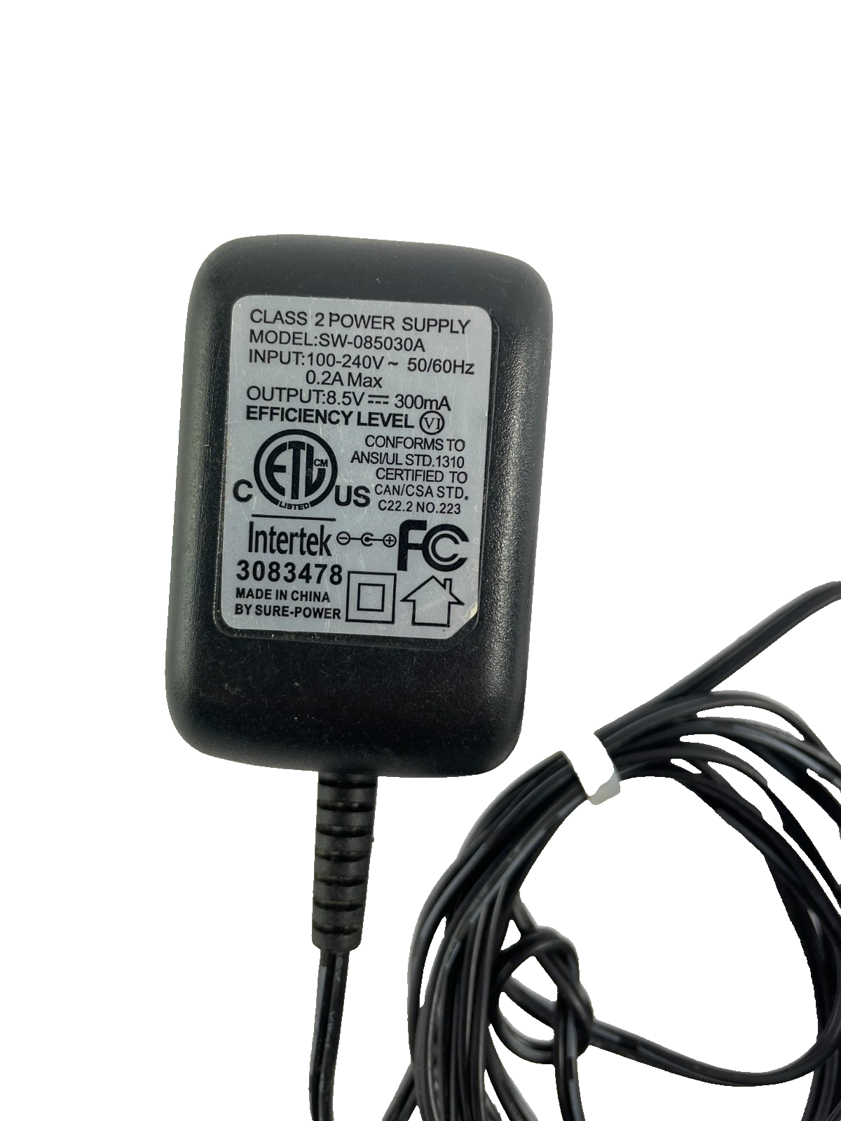 Geniune Intertek Model SW-085030A Output 8.5V 0.30A Power Supply AC Adapter #A78