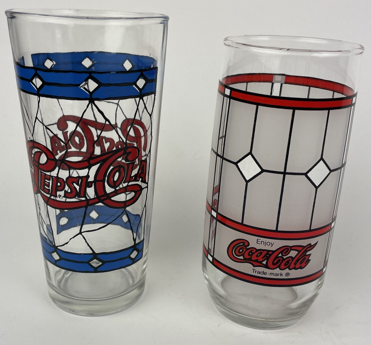 2 x Vintage 1970 Pepsi / Coca Cola Soda Pop Blue Red 12 oz Stained Glass Window