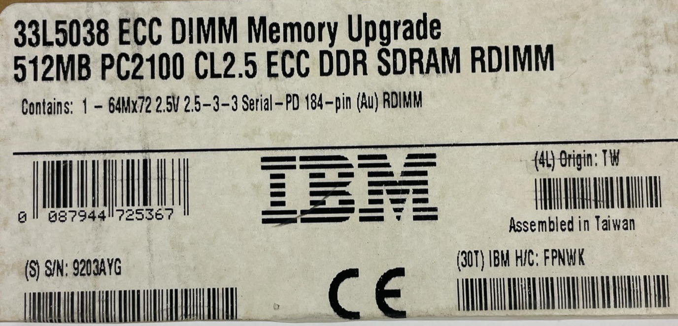 NOS IBM PC-2100 512 MB DIMM 266 MHz DDR SDRAM Memory (33L5038)