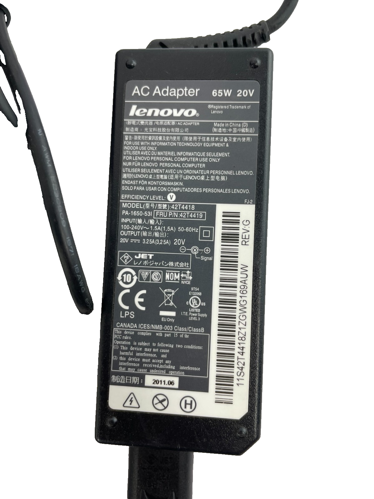 Geniune Lenovo Model 42T4418 Output 20V 3.25 A Power Supply AC Adapter #A42