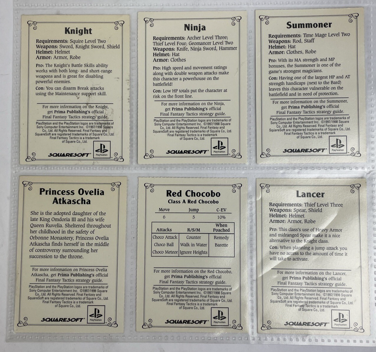 6 x Final Fantasy Tactics Playstation 1 EB Games Squaresoft Promo Trading Cards
