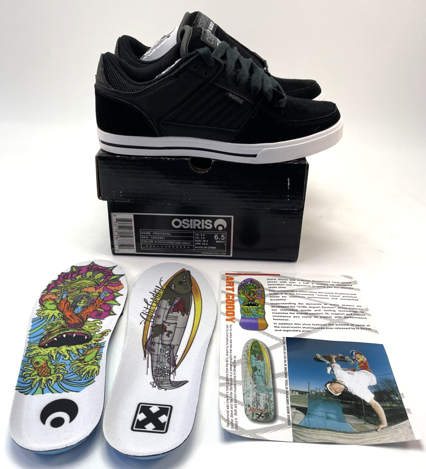 Osiris Shoes Mens " Protocol " Size 6.5 Black White Low Top Sneakers Art Godoy