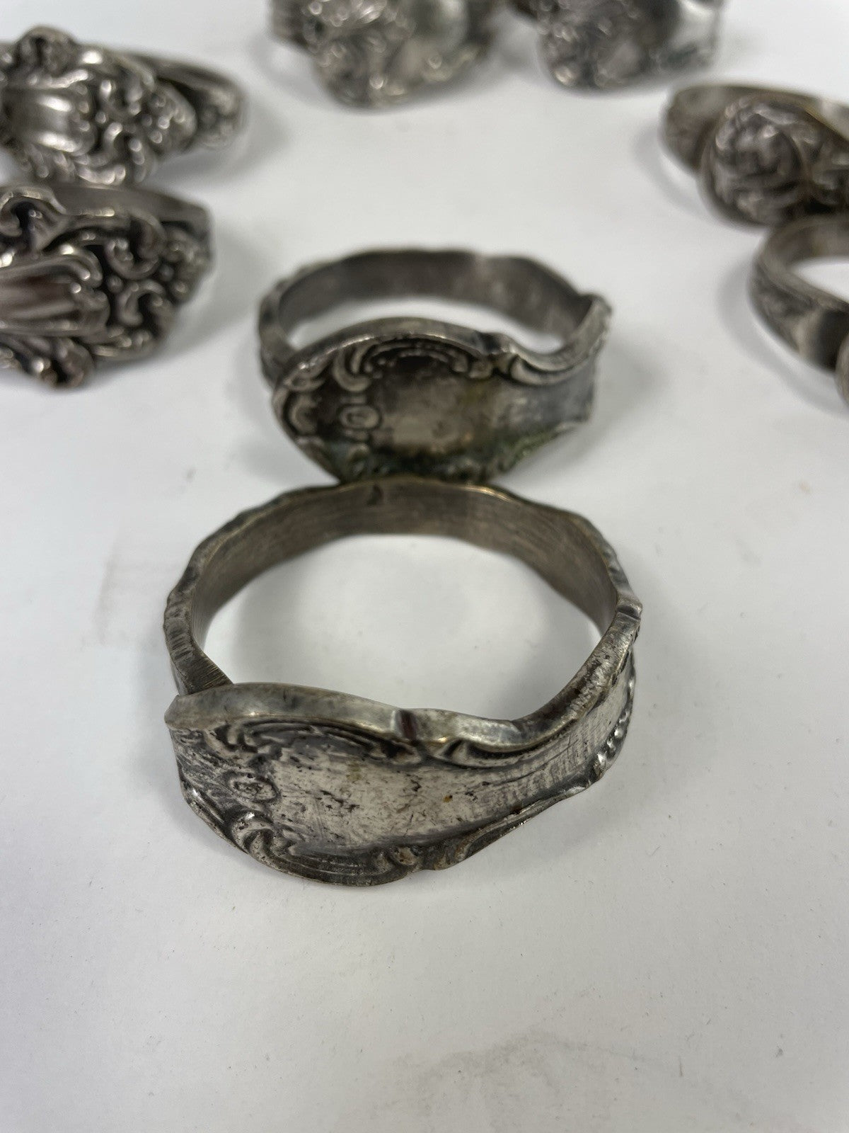 Vintage Ornate Bent Spoon Handle Napkin Rings Sterling Silver Handmade Set of 8