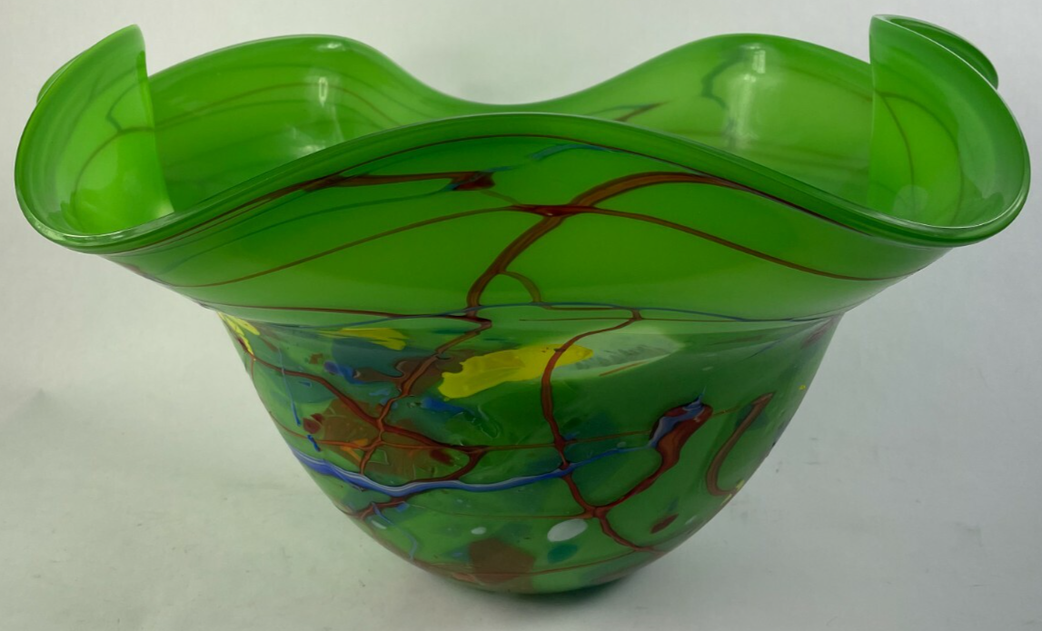Beautifully Designed Glass Decorative Crafted Bowl Length 23" 12" Tall Green Red