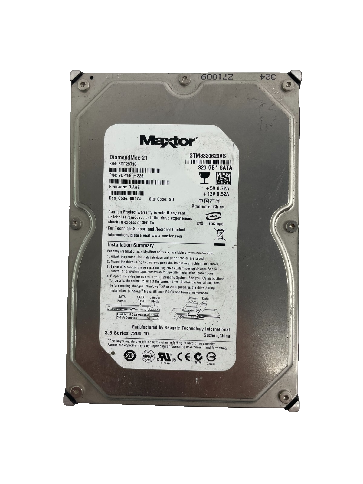 Maxtor DiamondMax 21 Model STM3320620AS 320GB Internal Hard Drive Cache 16 MB