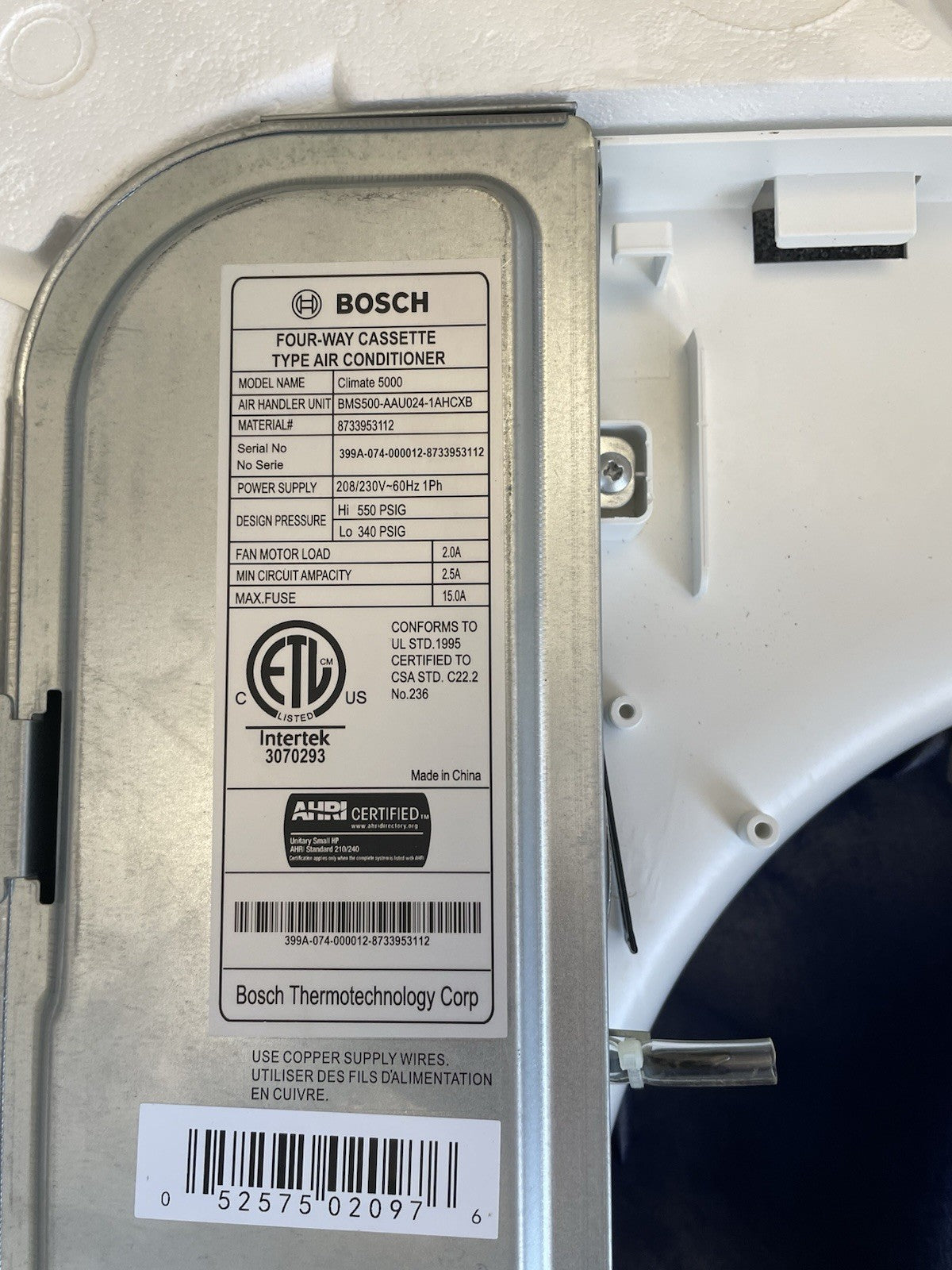 Bosch BMS500-AAU024-1AHCXB 24000 BTU Single Multi-Zone 4-Way Cassette NO GRILL
