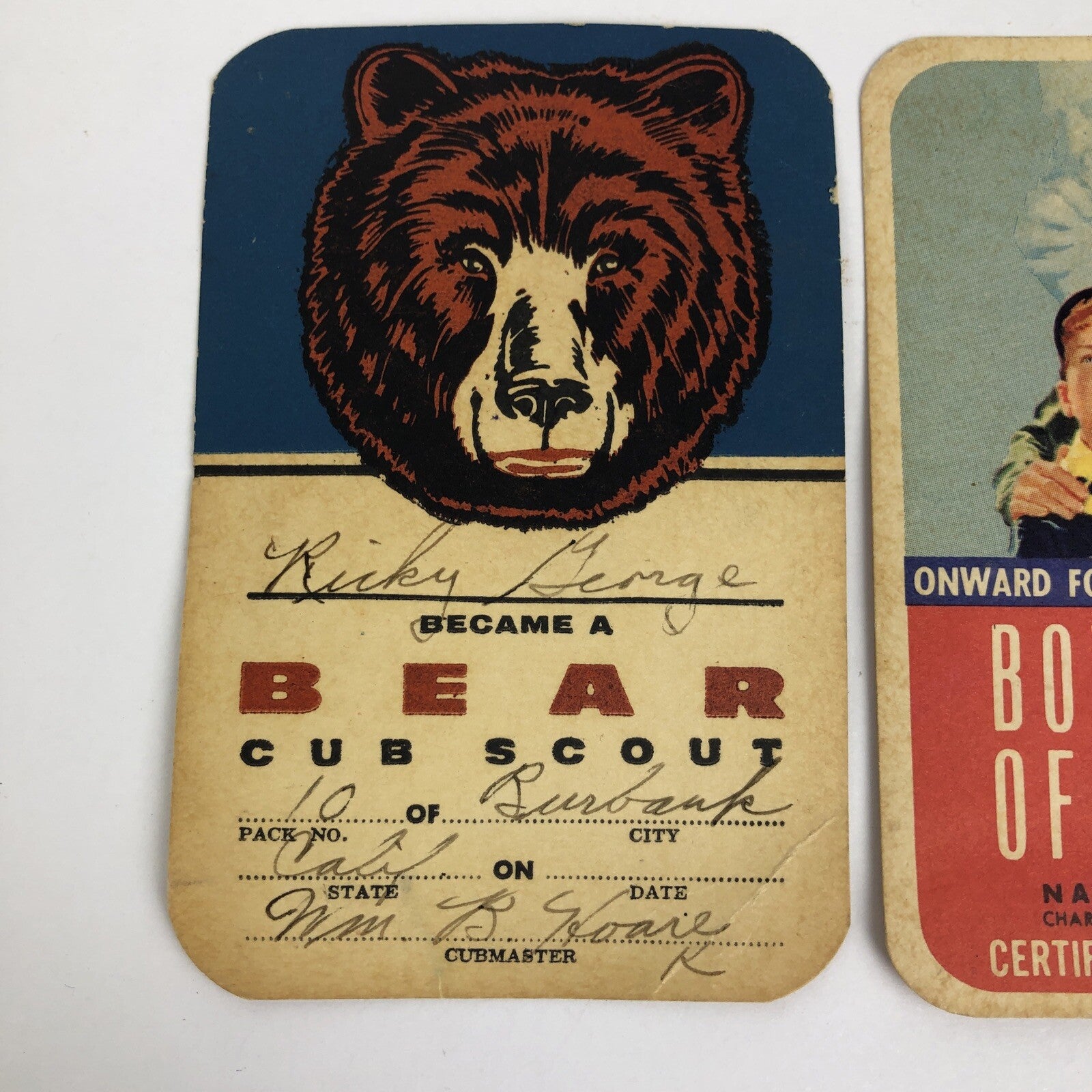 VNTG BSA Cub Scouts Bear Rank Card and Boy Scouts of America Certificates 1958