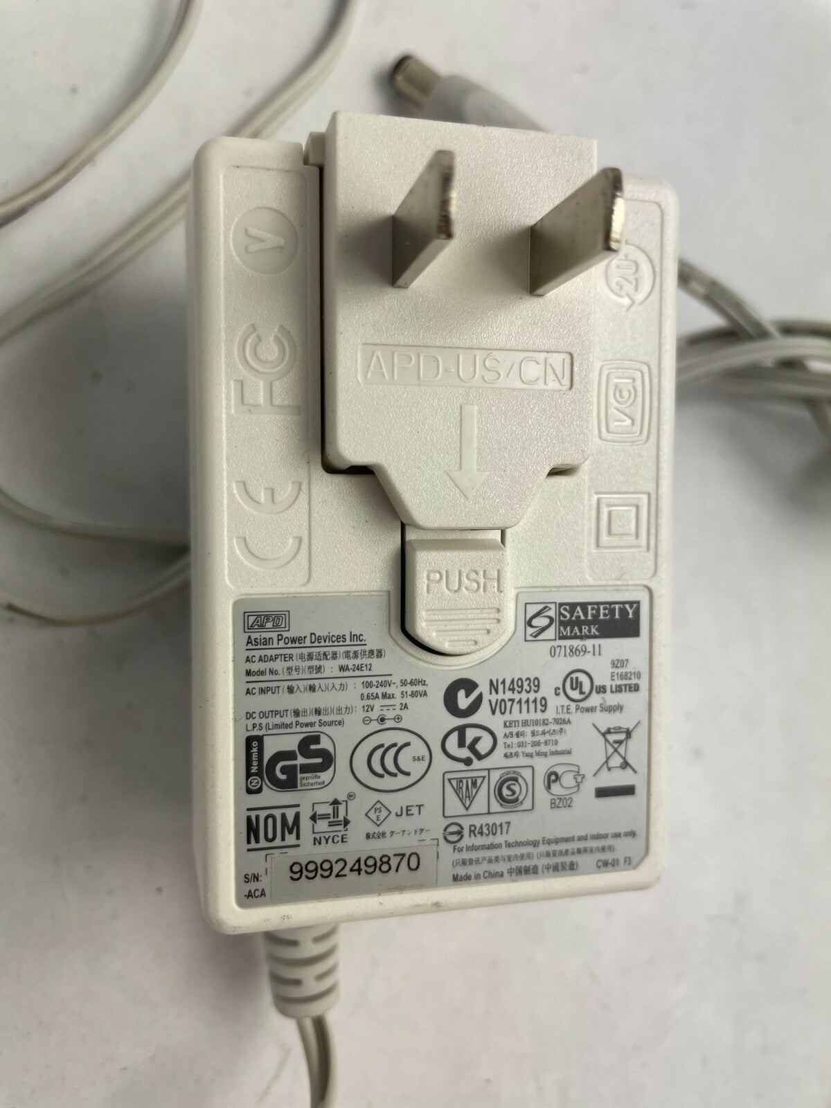Genuine APD Ac Adapter WA-24E12 Output 12 V 2 A Power Supply Adapter A78