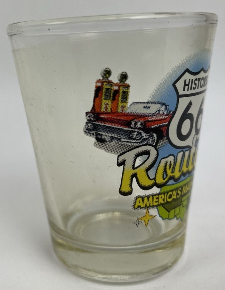 Vintage Route 66 America's Main Street clear glass shot glass.