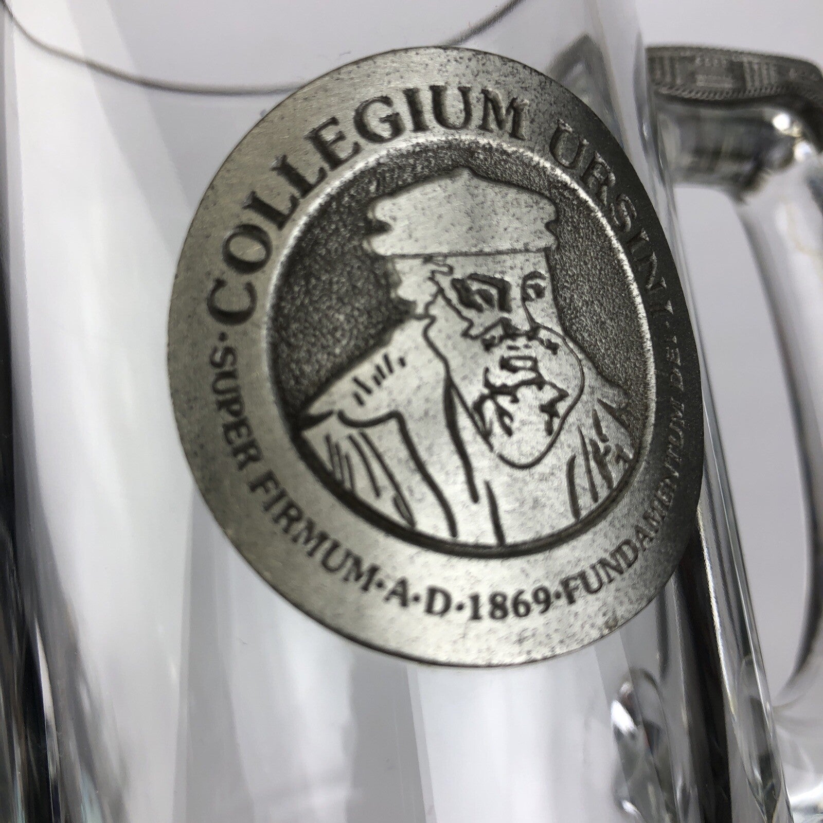 Vintage Collegium Ursini glass and pewter beer stein mug with AD 1869 inscription.