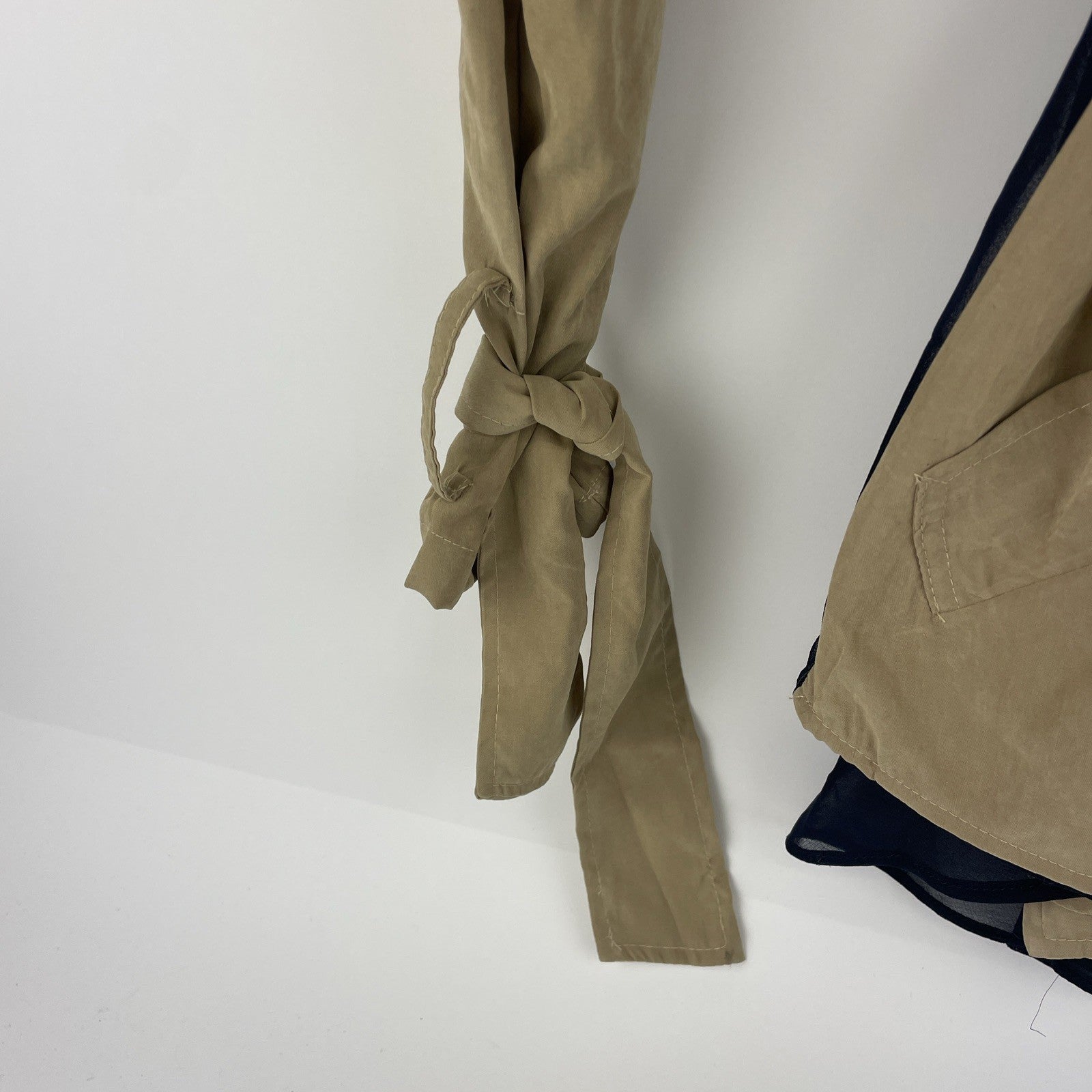 Audrey Belted Cropped Tan Trench Coat w Wide Lapels Sheer Nany Mesh Back Sz M